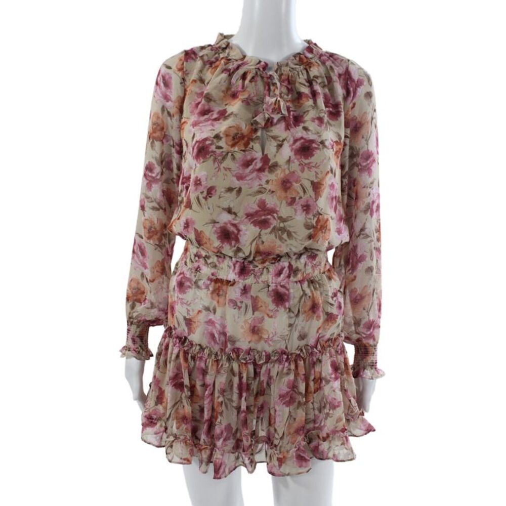 Sky to Moon Women Beige Floral Mini Long Sleeve Tie Neck Dress Size S